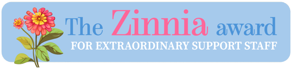 Blue award logo with a zinnia flower honoring extraordinary staff