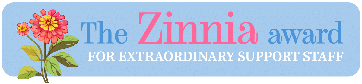 Blue award logo with a zinnia flower honoring extraordinary staff